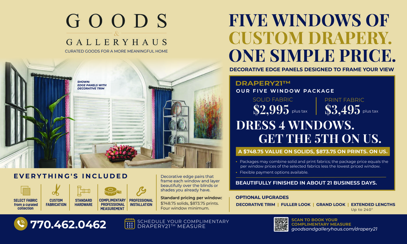 The Drapery21 mail card: five windows of custom drapery, one simple price, solid fabric $2,995 plus tax, print fabric $3,495 plus tax