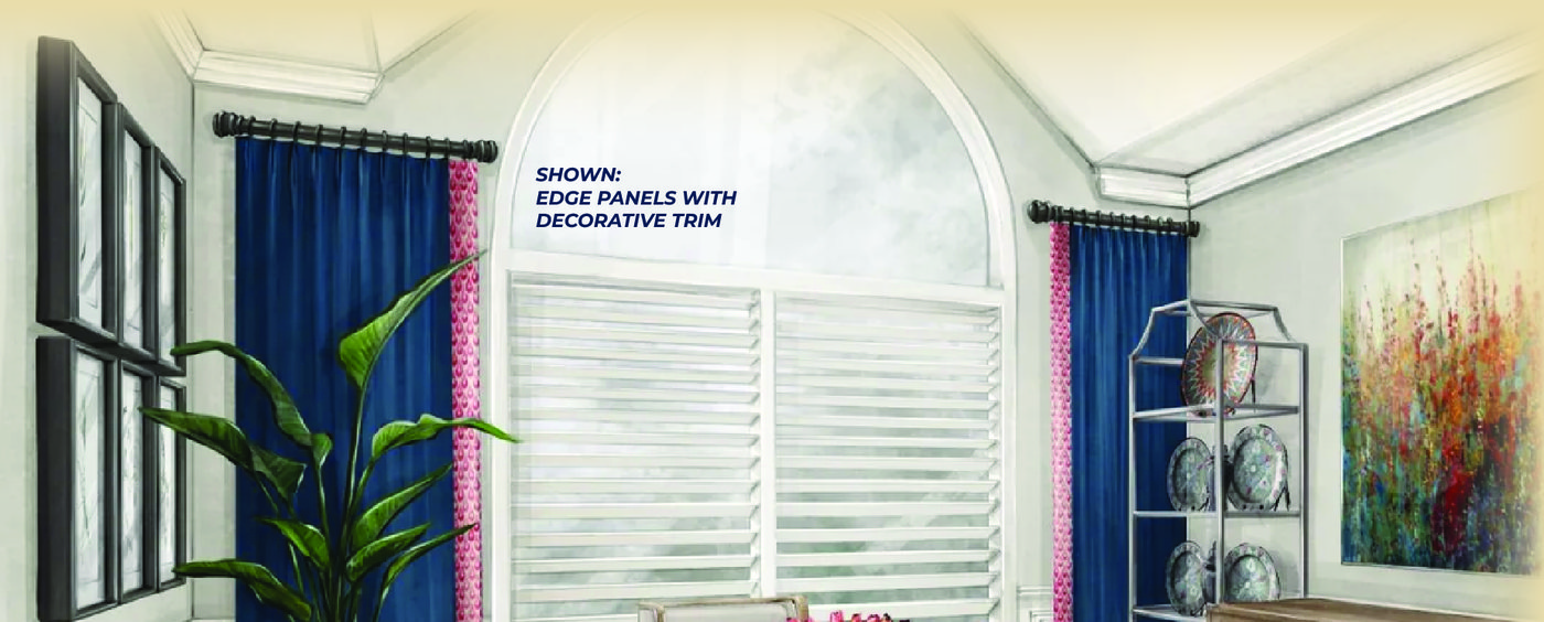 Dining room with navy edge panels trimmed in a pink print, framing shuttered windows